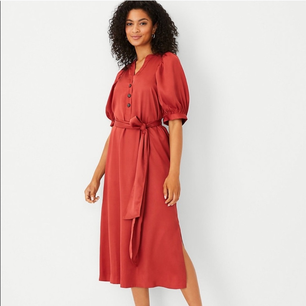Ann Taylor Rust Red Midi Dress with Tie Waist
